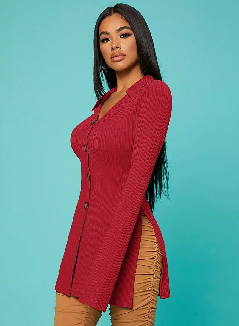 Ribbed Knit Split Sleeve Button Up Top