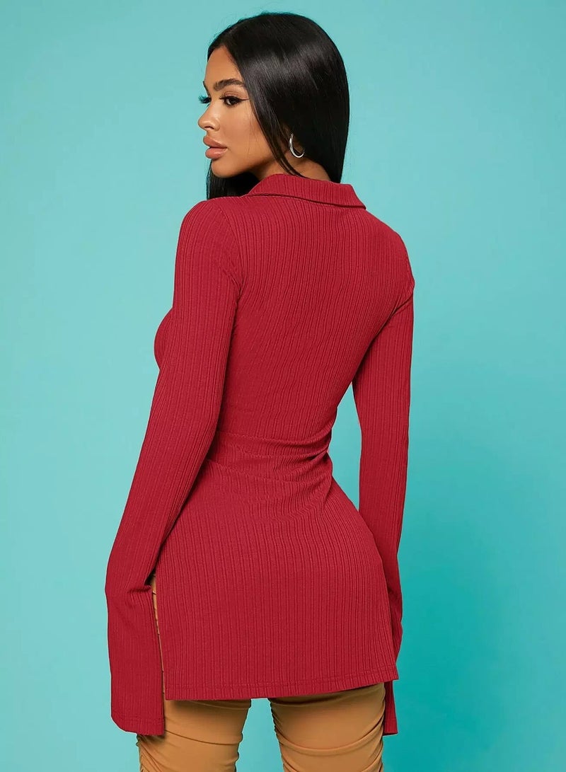 Ribbed Knit Split Sleeve Button Up Top