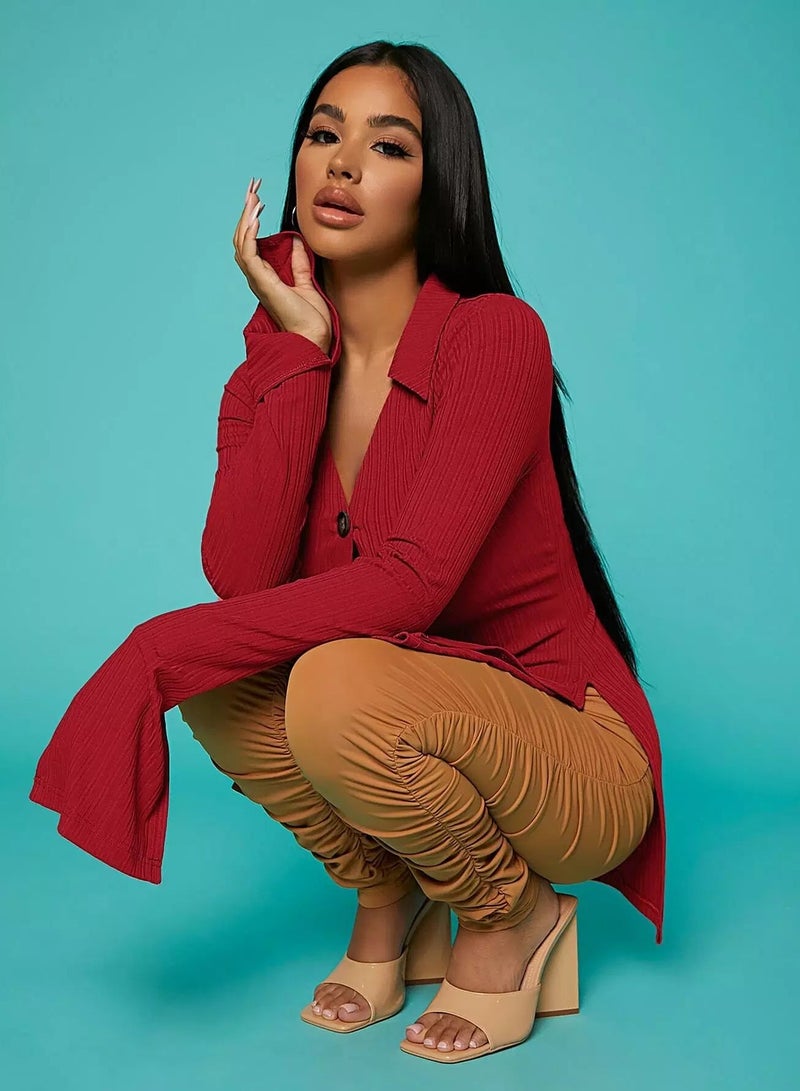 Ribbed Knit Split Sleeve Button Up Top