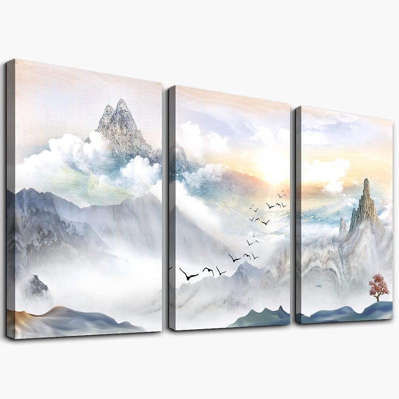 TTHYUEWS Mountain Landscape Abstract Painting Canvas Wall Art For Living Room Bathroom Wall Decor For Bedroom Kitchen Artwork Canvas Prints 3 Pieces Modern Framed Office Home Decorations Watercolor Picture - Image 1