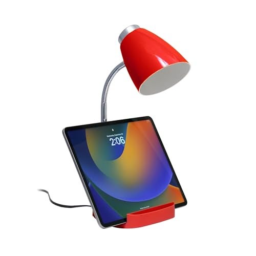 Simple Designs LD1002-RED Gooseneck Organizer Desk Lamp with iPad Tablet Stand Book Holder, Red - Image 4
