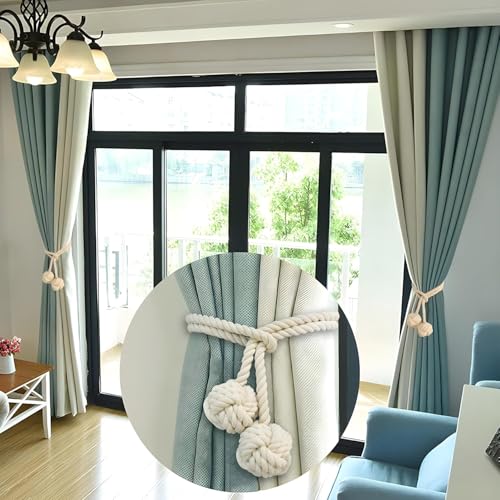 JAZLOG (Pack Of 02) Macrame Cotton DIY Window Modern Curtain Tiebacks - No Magnet Required OFF WHITE Parda Pull Backs Tie Back Ball Holder Tassels For Heavy Curtain, Boho , Office, Bedroom, Home Room - Image 2