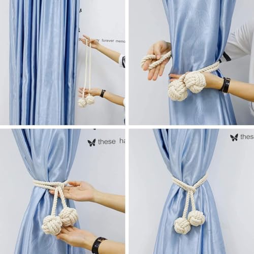 JAZLOG (Pack Of 02) Macrame Cotton DIY Window Modern Curtain Tiebacks - No Magnet Required OFF WHITE Parda Pull Backs Tie Back Ball Holder Tassels For Heavy Curtain, Boho , Office, Bedroom, Home Room - Image 5