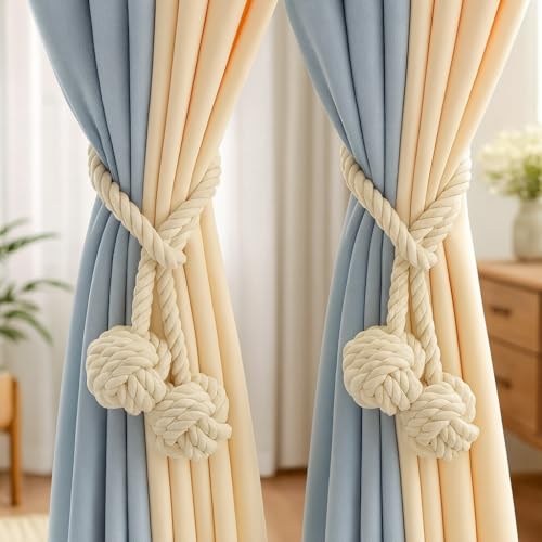 JAZLOG (Pack Of 02) Macrame Cotton DIY Window Modern Curtain Tiebacks - No Magnet Required OFF WHITE Parda Pull Backs Tie Back Ball Holder Tassels For Heavy Curtain, Boho , Office, Bedroom, Home Room - Image 1