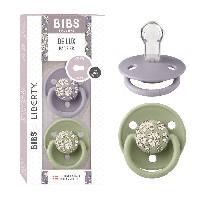 BIBS De Lux Liberty Soother 2-Pack, BPA Free Dummy Pacifier, Round Nipple. Silicone, Made in Denmark, OneSize (0-36 Months), Capel Sage - Image 1