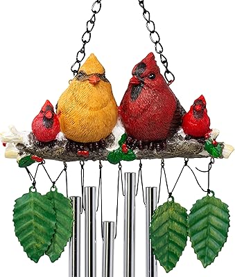 BANBERRY DESIGNS BANBERRY DESIGNS Cardinal Windchime Family - 4 Cardinals Sitting on a Birch Branch - Greenery & Holly & Hanging Leaves  - Image 1