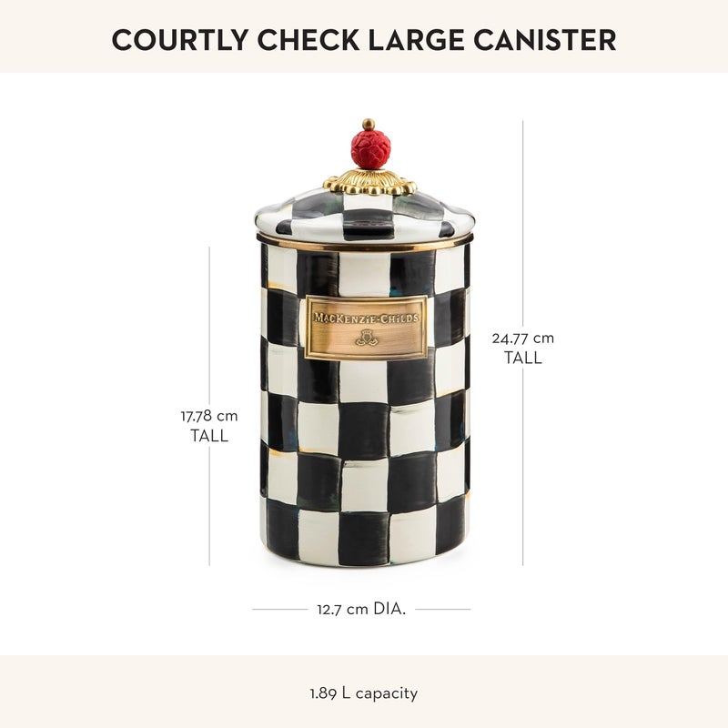mackenzie childs MACKENZIE-CHILDS Large Enamel Canister, Kitchen Storage Container for Flour and Sugar, 1.89 Liters, Black-and-White Courtly Check - Image 4