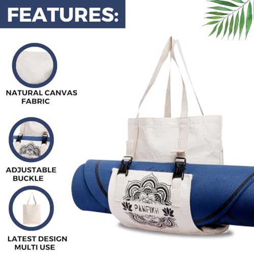 PANFIKH Yoga Mat Tote Bag - Large Natural Cotton Canvas Shoulder Carrier with Integrated Strap for Pilates Gym Essentials Fits Most Standard Mats (Black) - Image 3
