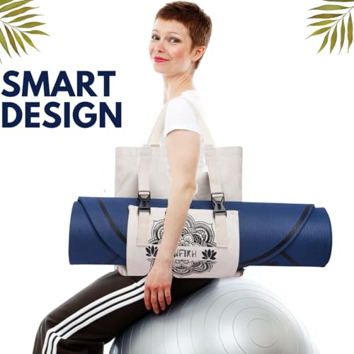 PANFIKH Yoga Mat Tote Bag - Large Natural Cotton Canvas Shoulder Carrier with Integrated Strap for Pilates Gym Essentials Fits Most Standard Mats (Black) - Image 5
