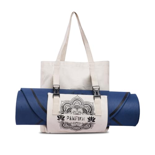 PANFIKH Yoga Mat Tote Bag - Large Natural Cotton Canvas Shoulder Carrier with Integrated Strap for Pilates Gym Essentials Fits Most Standard Mats (Black) - Image 1