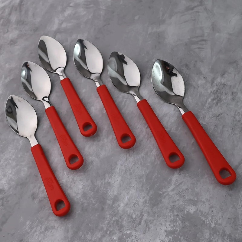 SUPERMOM Spoon Set for Kitchen 6 Pc – Stainless Steel Spoons with Plastic Handle – Baby Feeding & Kids Cutlery – Durable, Rust-Resistant, Dining Spoon Set for Home Kitchen, Dinning & Daily Use (Red) - Image 3