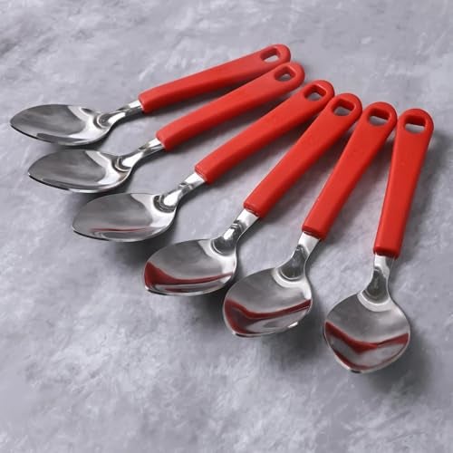 SUPERMOM Spoon Set for Kitchen 6 Pc – Stainless Steel Spoons with Plastic Handle – Baby Feeding & Kids Cutlery – Durable, Rust-Resistant, Dining Spoon Set for Home Kitchen, Dinning & Daily Use (Red) - Image 2