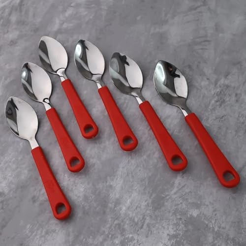 SUPERMOM Spoon Set for Kitchen 6 Pc – Stainless Steel Spoons with Plastic Handle – Baby Feeding & Kids Cutlery – Durable, Rust-Resistant, Dining Spoon Set for Home Kitchen, Dinning & Daily Use (Red) - Image 1