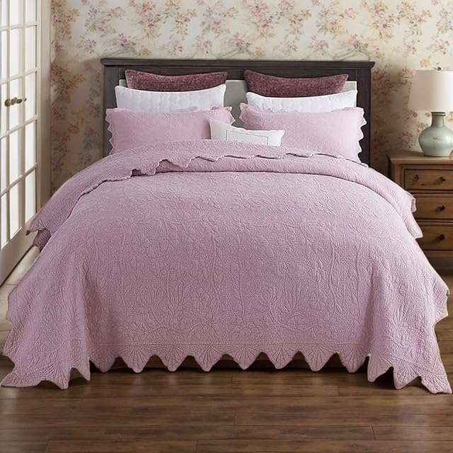 Brandream Queen Size Quilt Set Cotton Farmhouse Quilted Comforter Set Dusty Pink Luxury Matelasse Coverlet Set Vintage Antique Bedroom Set
