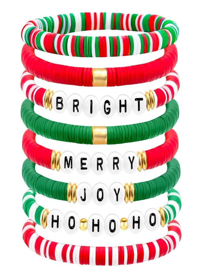 SKYFUN Christmas Bracelet for Women Elastic Stackable Letter Christmas Bracelets Bulk Clay Bead Bracelet Xmas Heishi Surfer Bracelets Set Y2K Party Jewelry Holiday Gifts, 8PCS Joy Merry Bright Ho - Image 1
