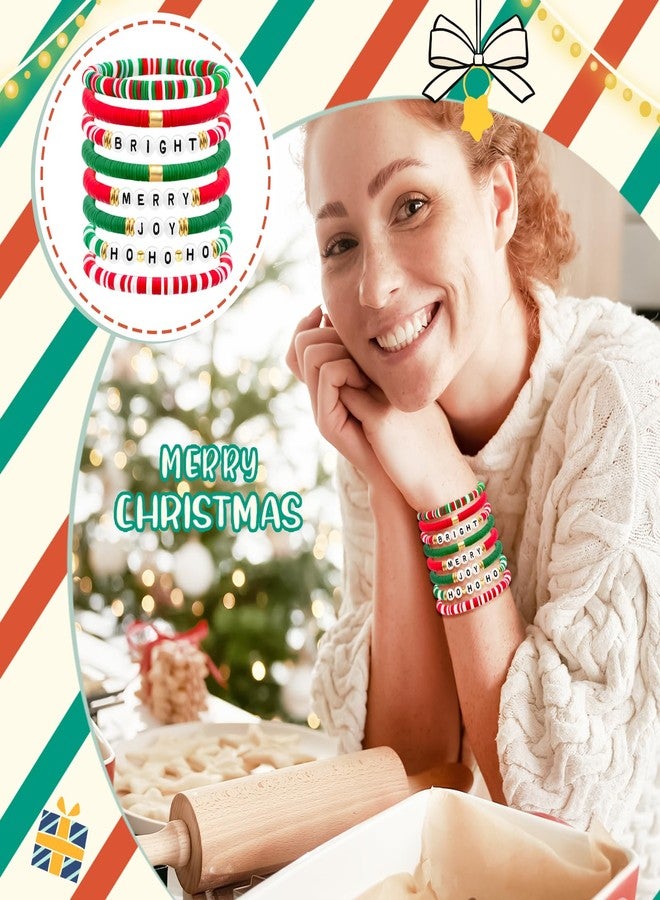 SKYFUN Christmas Bracelet for Women Elastic Stackable Letter Christmas Bracelets Bulk Clay Bead Bracelet Xmas Heishi Surfer Bracelets Set Y2K Party Jewelry Holiday Gifts, 8PCS Joy Merry Bright Ho - Image 2
