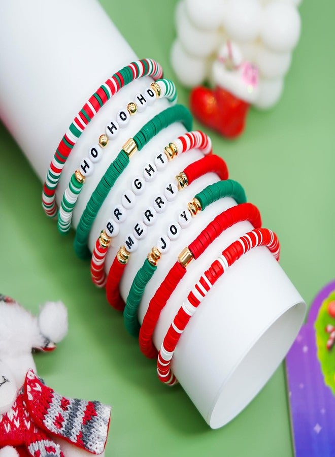 SKYFUN Christmas Bracelet for Women Elastic Stackable Letter Christmas Bracelets Bulk Clay Bead Bracelet Xmas Heishi Surfer Bracelets Set Y2K Party Jewelry Holiday Gifts, 8PCS Joy Merry Bright Ho - Image 5