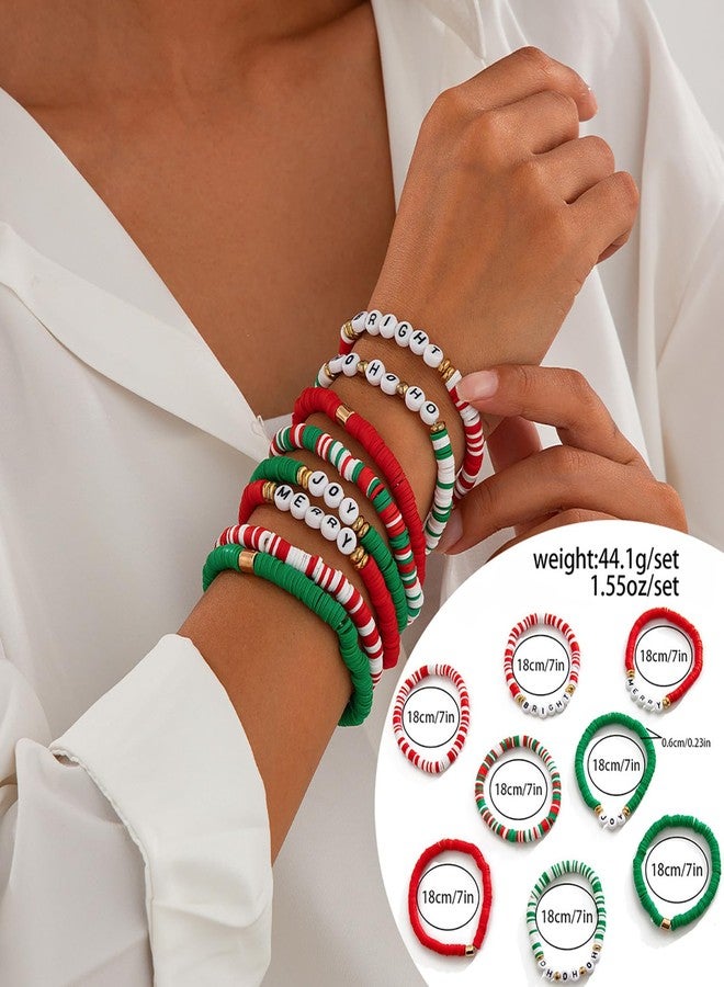 SKYFUN Christmas Bracelet for Women Elastic Stackable Letter Christmas Bracelets Bulk Clay Bead Bracelet Xmas Heishi Surfer Bracelets Set Y2K Party Jewelry Holiday Gifts, 8PCS Joy Merry Bright Ho - Image 3