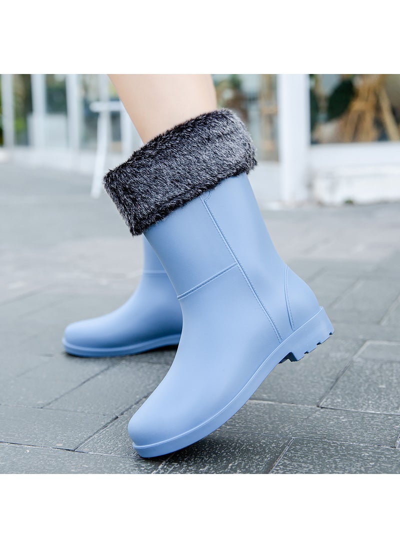 Generic Fashionable Mid-Calf Rain Boots Women Blue fleece-lined of 2268 cylinder 