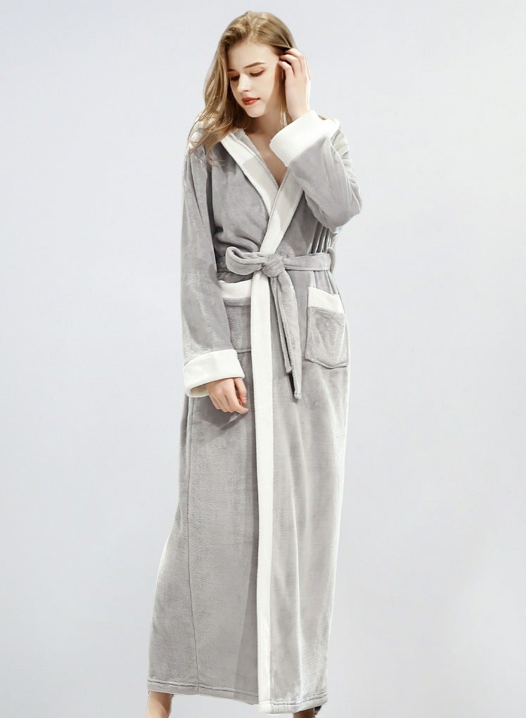 إسكدنيا يونيسكس الشتاء طويل سميكة غطاء الليل فستان حمام بلانيل بيجاما مع حزام ضوء رمادي - Image 1