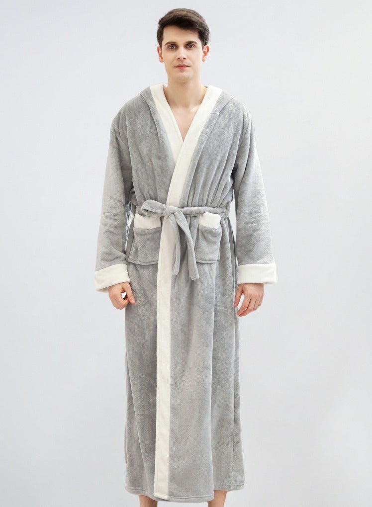 إسكدنيا يونيسكس الشتاء طويل سميكة غطاء الليل فستان حمام بلانيل بيجاما مع حزام ضوء رمادي - Image 2