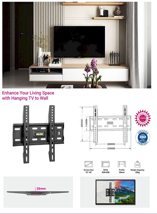 Skill Tech SH 20F Fixed TV Wall Mount Bracket for 12-43 Inch LED/LCD Screens, VESA 200x200, Slim 28mm Profile, Max Load 45kg – Black - Image 3