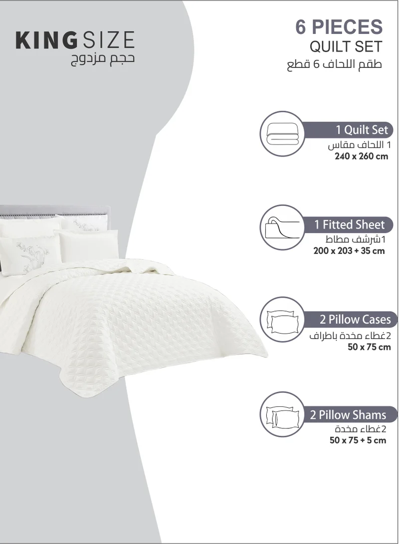 Donetella Quilt Set 6-Pcs King Size Bed Fits(200 X 200 Cm) Reversible Quilted Coverlet Set With Matching Fitted Sheet Pillowsham And Pillowcases,Ivory