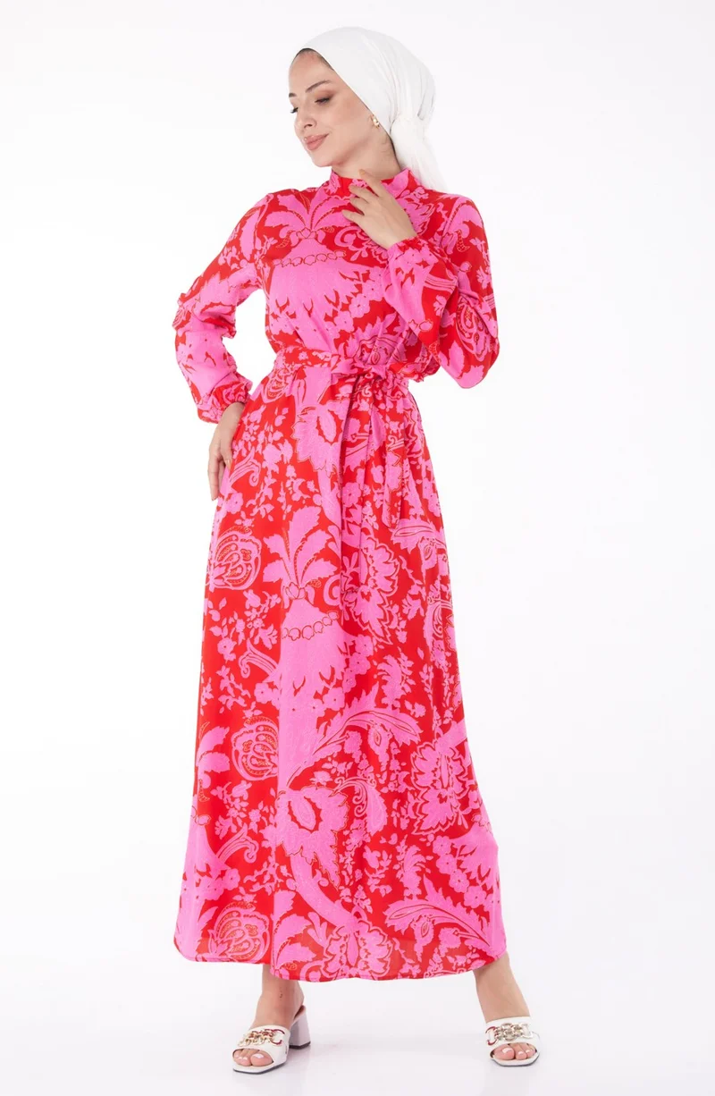 Tofisa Plain Judge Collar Women's Red Patterned Dress - 13271