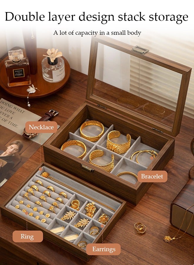 DUNISO Jewelry boxes for women，Black walnut double-layer storage box lock with Removable Tray & Partition for Necklace,swan velvet inside，Used for storing necklaces, gold，earrings, bracelets, and rings - Image 4