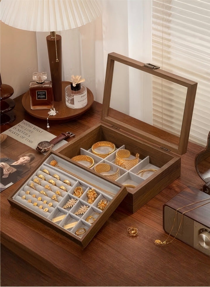 DUNISO Jewelry boxes for women，Black walnut double-layer storage box lock with Removable Tray & Partition for Necklace,swan velvet inside，Used for storing necklaces, gold，earrings, bracelets, and rings - Image 1