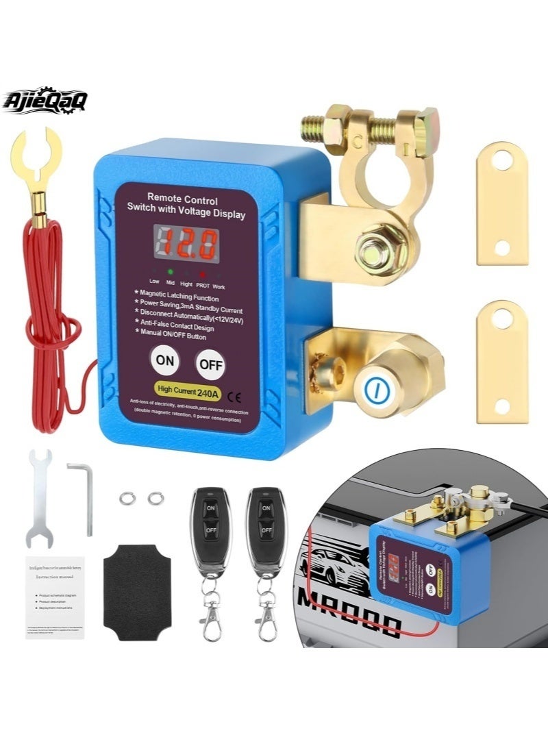 AjieQaQ 240A 12V Remote Battery Disconnect Switch, Upgrade Smart Voltage Kill Switch with Led Voltage Display for Automotive, Car Battery Kill Switch Anti Theft Safety Car, Truck, RV, Boat(Vertical or Flat Instal) - Image 1