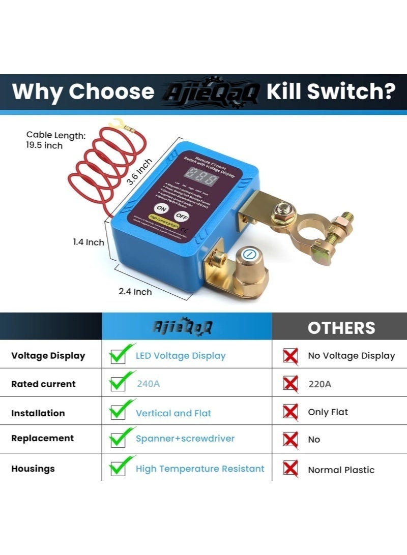 AjieQaQ 240A 12V Remote Battery Disconnect Switch, Upgrade Smart Voltage Kill Switch with Led Voltage Display for Automotive, Car Battery Kill Switch Anti Theft Safety Car, Truck, RV, Boat(Vertical or Flat Instal) - Image 4