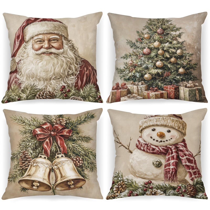 Lanpn 18x18 Christmas Throw Pillow Covers Set of 4 Santa Tree Snowman Christmas Pillow Cover Pillowcases Decorative Cushion Cover Xmas Pillow Cases for Home Sofa Couch Room Decor - Image 2