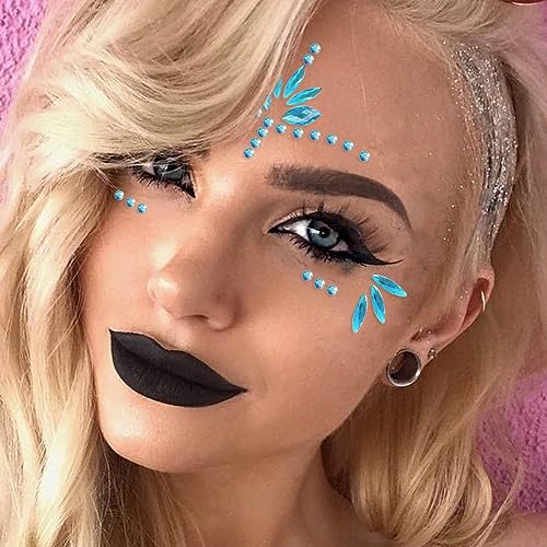 WUIOS Mermaid Face Gems Stick Jewels Halloween Body Eye Face Jewels Gems Rave Festival Tattoo Glitter Self Adhesive Crystals Rhinestones Diamonds Tattoos Sticker Party Carnival Festival Decorations (Blue) - Image 4