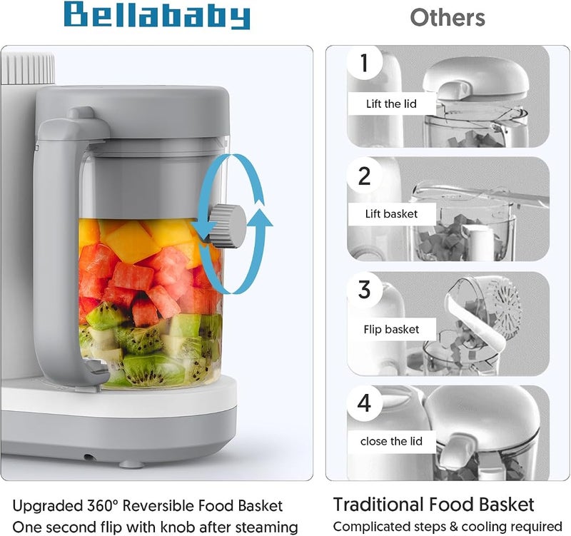 بيلا بيبي 1 Bellababy صانع طعام الأطفال ومعالج الطعام، خلاط هرس ومبخرة مع سلة بخار قابلة للعكس، تشغيل سهل بضغطة زر واحدة وفتحة كبيرة لسهولة التنظيف (كبير) - Image 2