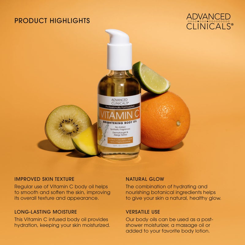 Advanced Clinicals Brightening Vitamin C Body Oil For Women & Men | Vitamin C Glow Oil Skin Care Body Moisturizer With Vitamin E + Botanicals To Help Improve Look Of Dark Spots + Dry Skin, 3.8 Fl Oz - Image 4