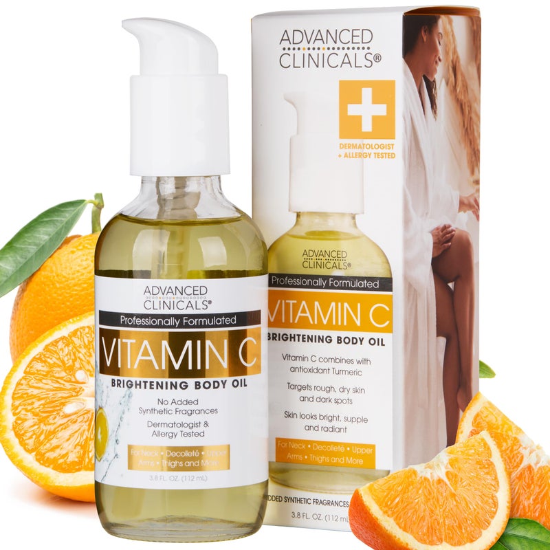 Advanced Clinicals Brightening Vitamin C Body Oil For Women & Men | Vitamin C Glow Oil Skin Care Body Moisturizer With Vitamin E + Botanicals To Help Improve Look Of Dark Spots + Dry Skin, 3.8 Fl Oz - Image 1
