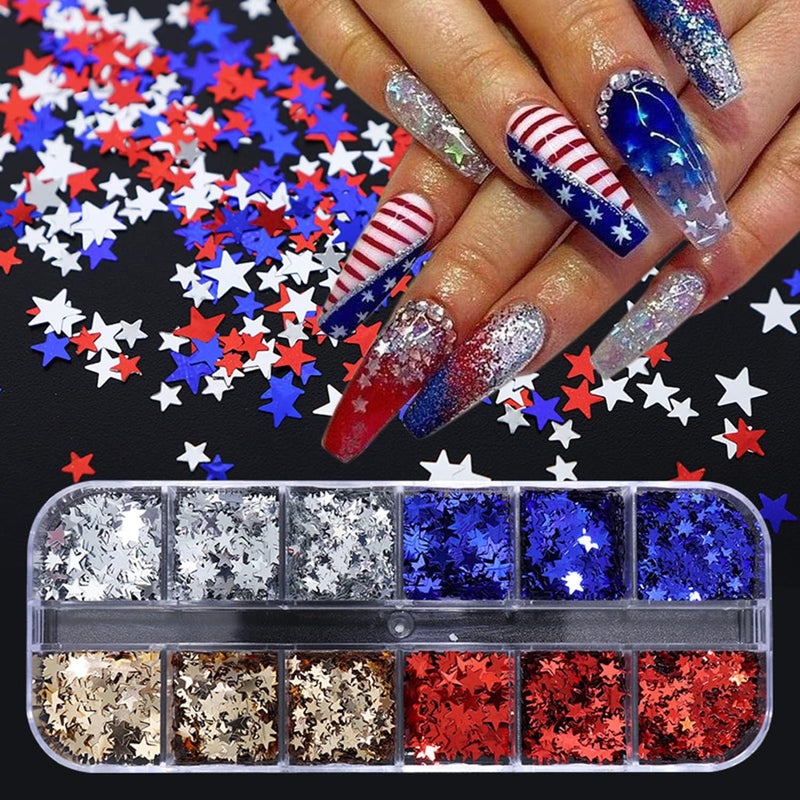 12 Grids 4th of July Nail Glitter Sequins Independence Day Star Nail Sequins for Nail Art Decorations Holographic Red Blue Mixed Star Nail Decal 3D Gold Glitter Flakes for Women Nails Eye Face Decor