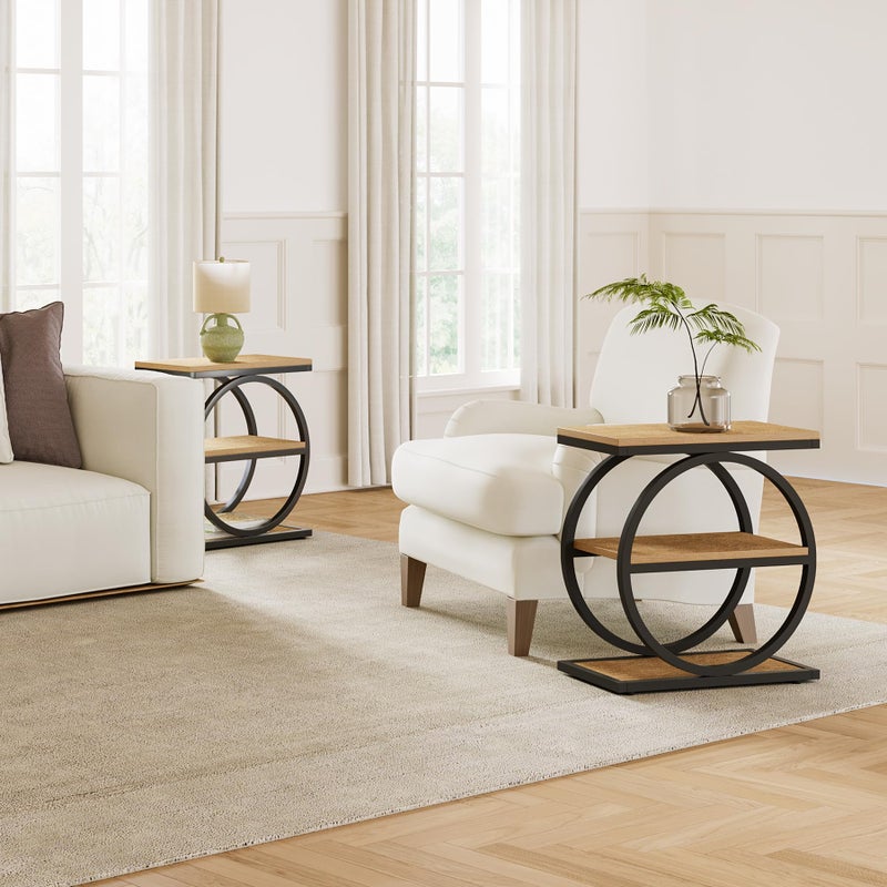 LITTLE TREE 3-Tier End Table, Side Table with Storage Shelves, Small Sofa Side Table for Living Room, Wooden Side End Table with Double Round Metal Legs, Slim Nightstand and Bedside Table, Oak - Image 2