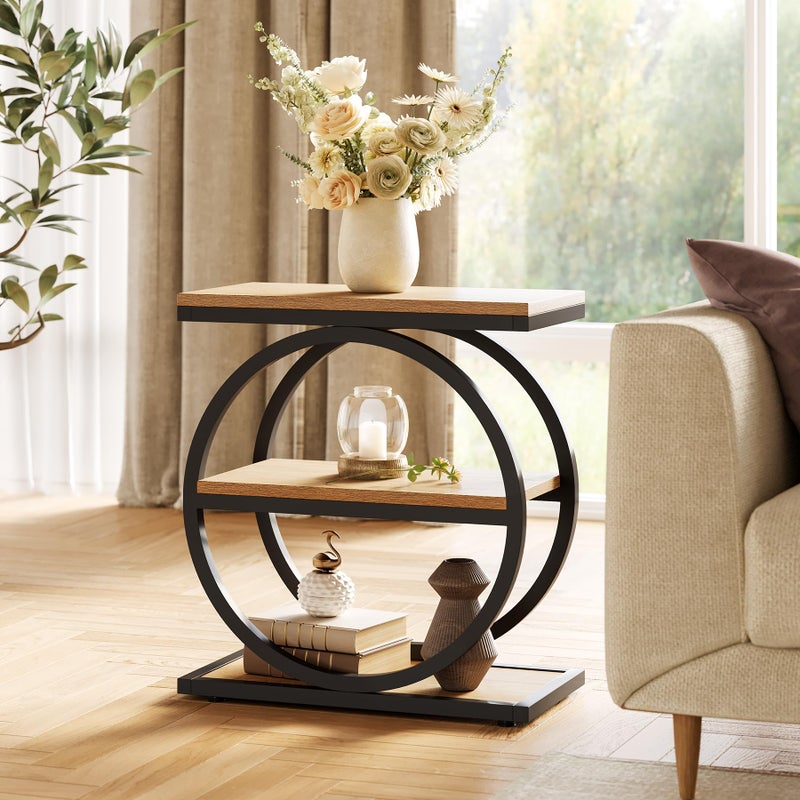 LITTLE TREE 3-Tier End Table, Side Table with Storage Shelves, Small Sofa Side Table for Living Room, Wooden Side End Table with Double Round Metal Legs, Slim Nightstand and Bedside Table, Oak - Image 3