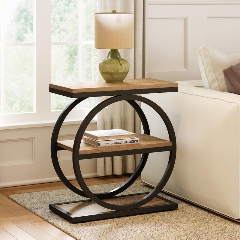LITTLE TREE 3-Tier End Table, Side Table with Storage Shelves, Small Sofa Side Table for Living Room, Wooden Side End Table with Double Round Metal Legs, Slim Nightstand and Bedside Table, Oak - Image 1