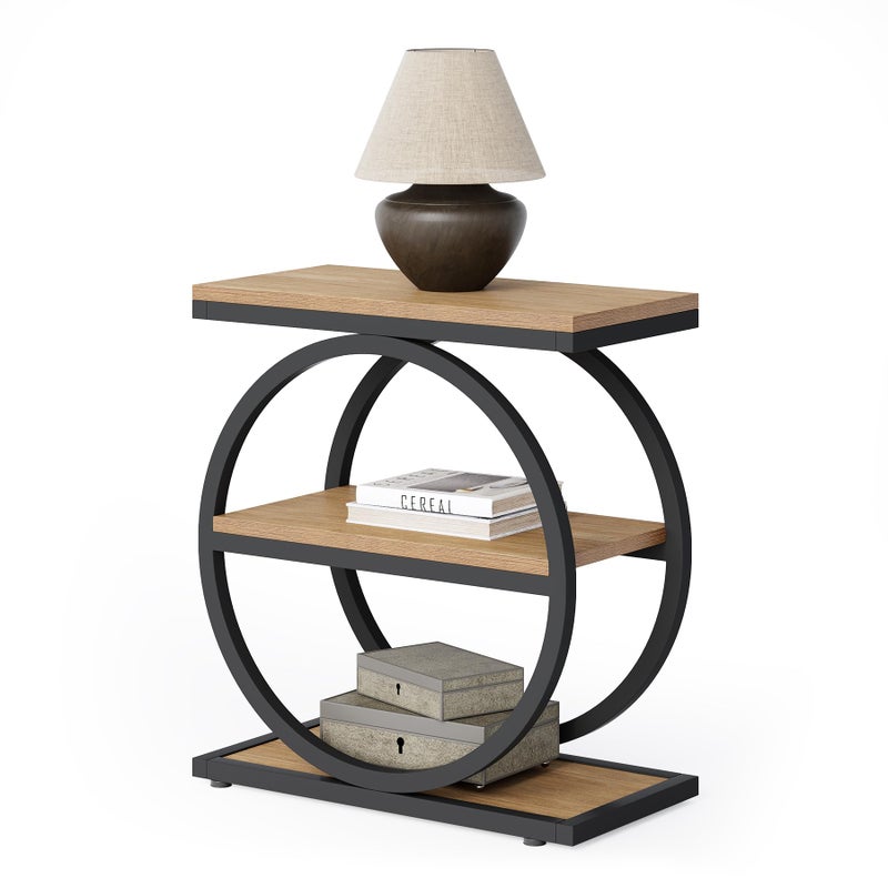 LITTLE TREE 3-Tier End Table, Side Table with Storage Shelves, Small Sofa Side Table for Living Room, Wooden Side End Table with Double Round Metal Legs, Slim Nightstand and Bedside Table, Oak - Image 5