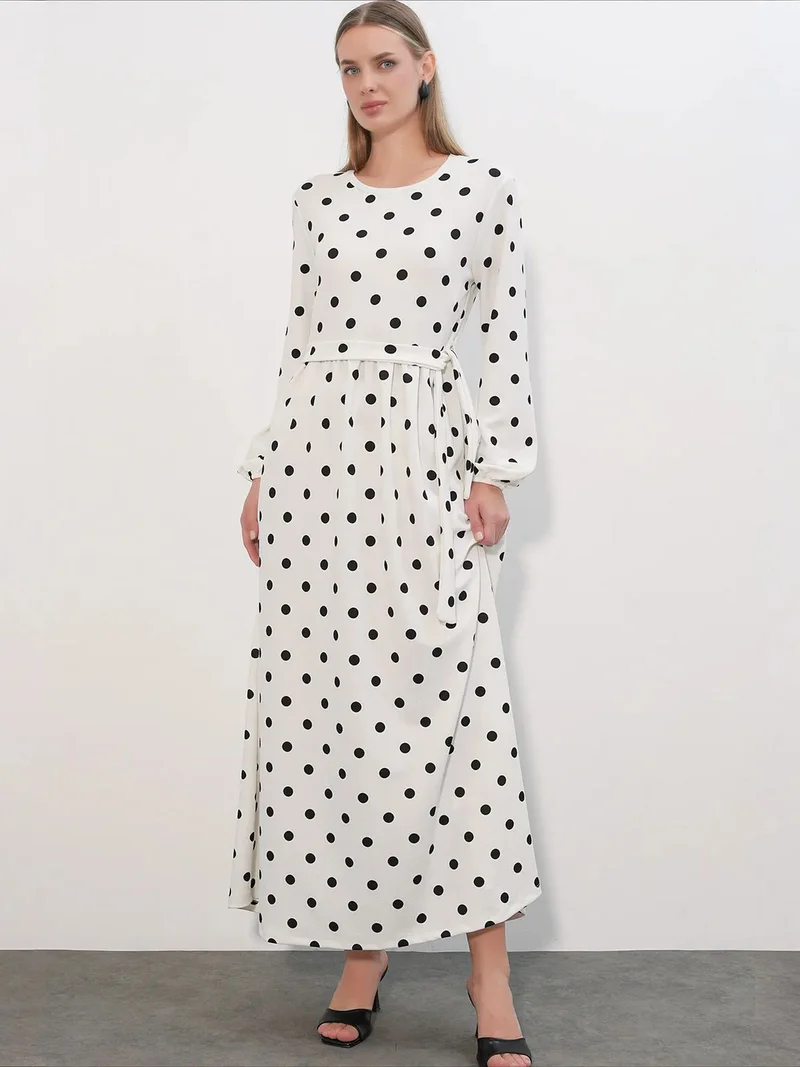 Big Dart Dusty White BDART Floral Maxi Knit Dress With Bow Detail for Women | Best Price UAE