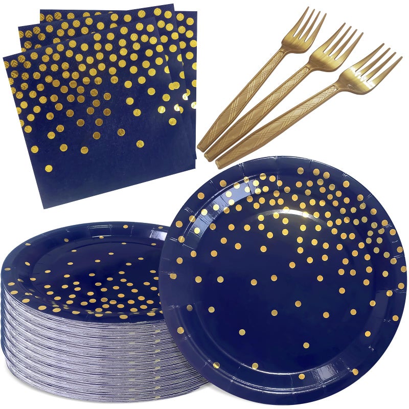73Hours Serve 35 Guests Navy Blue and Gold Party Supplies,7 Inch Blue and Gold Paper Plates and Napkins for Birthday Wedding Retirements Graduation Party - Image 1