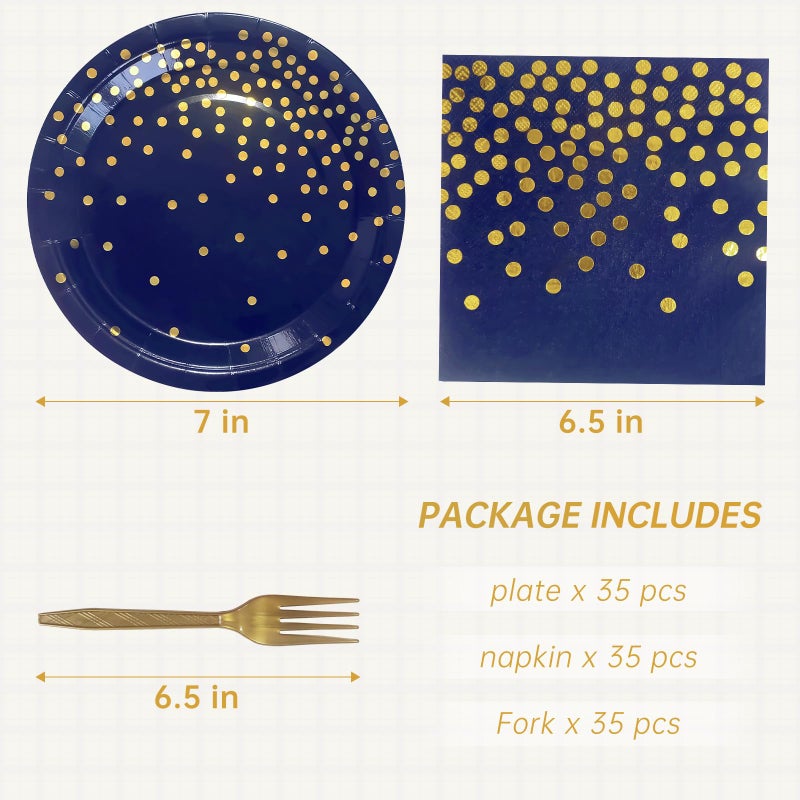 73Hours Serve 35 Guests Navy Blue and Gold Party Supplies,7 Inch Blue and Gold Paper Plates and Napkins for Birthday Wedding Retirements Graduation Party - Image 2