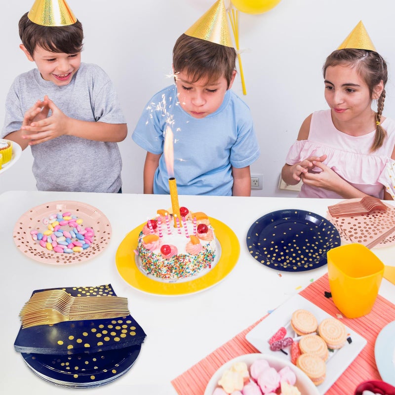 73Hours Serve 35 Guests Navy Blue and Gold Party Supplies,7 Inch Blue and Gold Paper Plates and Napkins for Birthday Wedding Retirements Graduation Party - Image 3