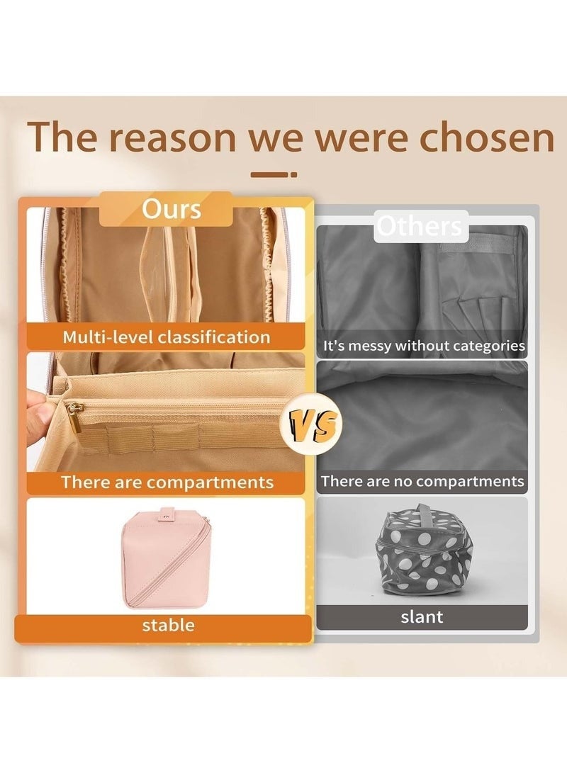 Travel Cosmetic Bag, Women's Large Capacity Cosmetic Bag, Waterproof Portable Bag Flat Cosmetic Bag, Makeup Storage Bag with Dividers and Handles (Pink) - Image 5