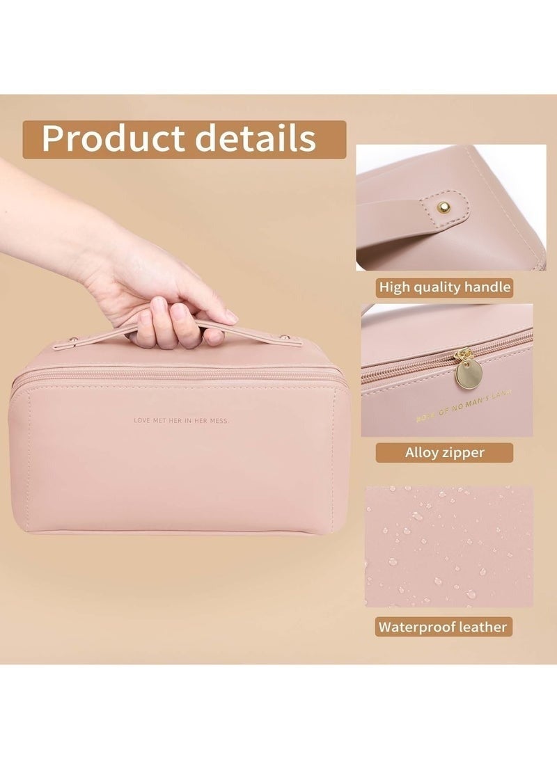 Travel Cosmetic Bag, Women's Large Capacity Cosmetic Bag, Waterproof Portable Bag Flat Cosmetic Bag, Makeup Storage Bag with Dividers and Handles (Pink) - Image 3