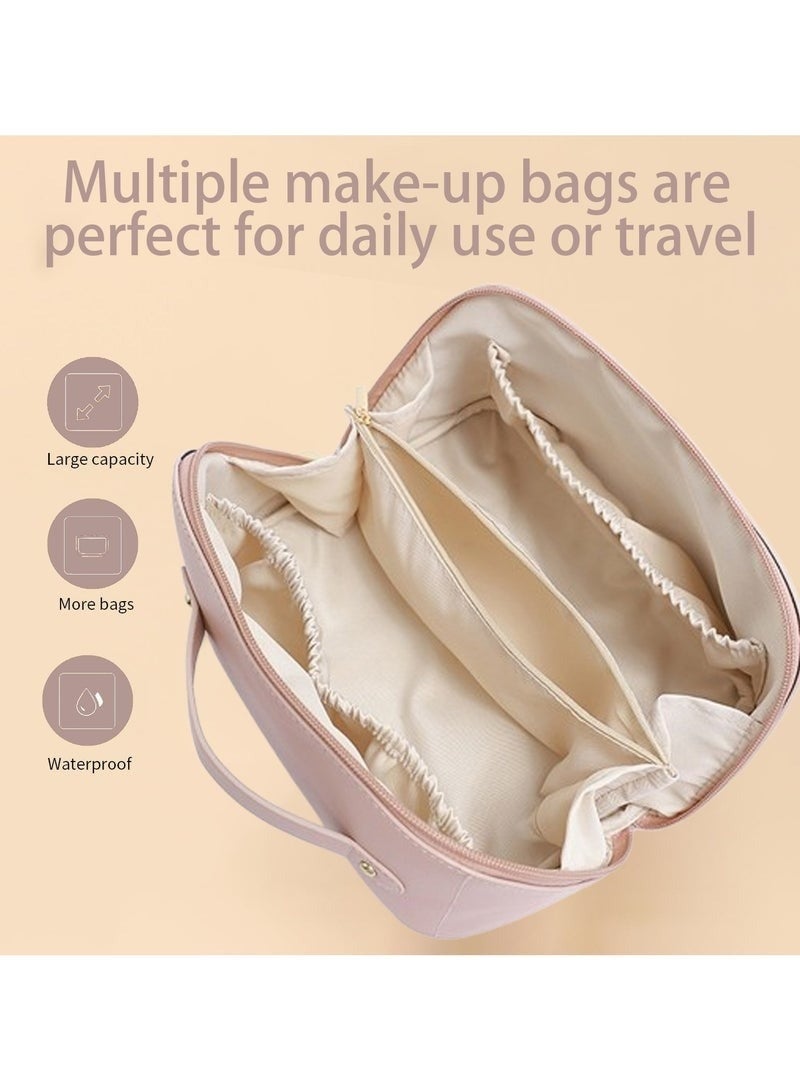 Travel Cosmetic Bag, Women's Large Capacity Cosmetic Bag, Waterproof Portable Bag Flat Cosmetic Bag, Makeup Storage Bag with Dividers and Handles (Pink) - Image 2