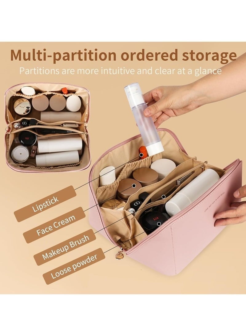 Travel Cosmetic Bag, Women's Large Capacity Cosmetic Bag, Waterproof Portable Bag Flat Cosmetic Bag, Makeup Storage Bag with Dividers and Handles (Pink) - Image 4